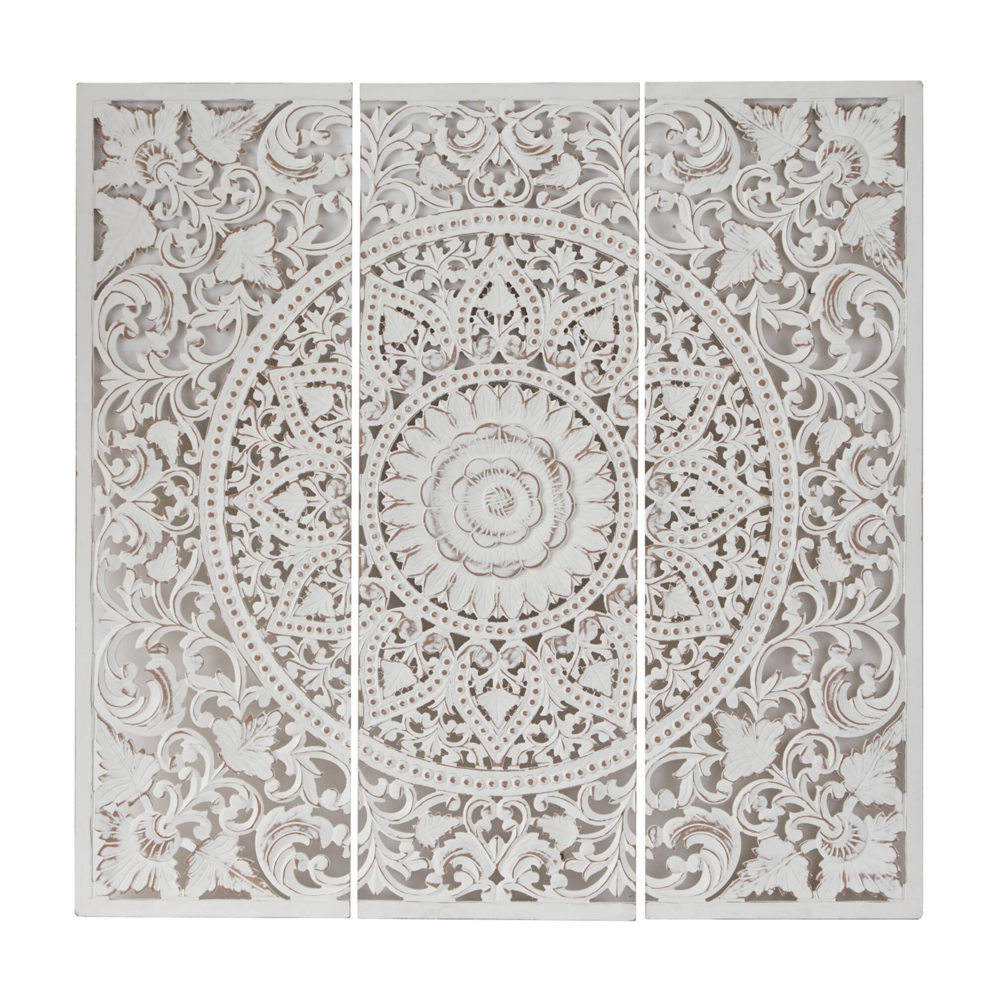 Wood Handmade Intricately Carved Floral Wall Decor with Mandala Design Set of 3 16